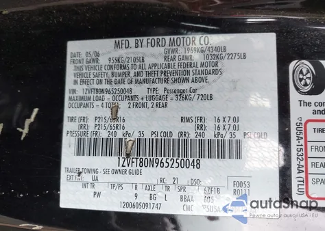 2006 Ford Mustang V6 из США, поврежденный, VIN 1ZVFT80N965250048